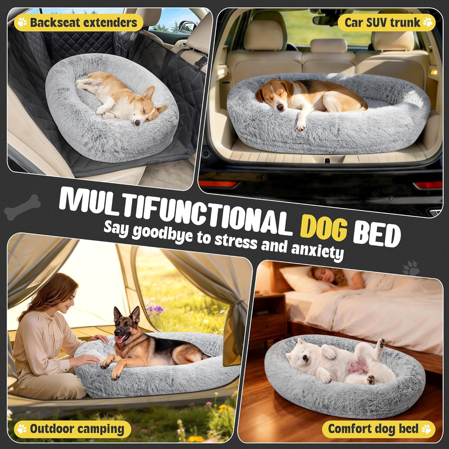 Orthopedic Car Dog Bed for Large Dogs, Waterproof Faux Fur Calming Travel Bed