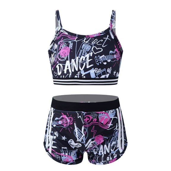 inhzoy Kids Girls Camouflage Tankini Active Outfit Gymnastic Crop Top with Shorts Balck&Rose Red 12