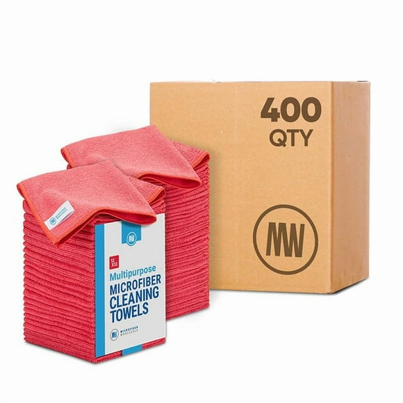 Vrac Serviettes en Microfibre Tout Usage 12” X 12” Wholesale - Quantité de Caisses (400 Unités) / Sans Effilochage / Microfibre Haute Densité / Nettoyant Zéro Produit Chimique / Longue Durée (Rouge)