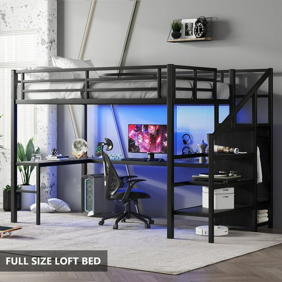 Bellemave Full Size Metal Loft Bed with L-shaped Desk and Storage Staircase, Loft Bed Frame with Wardrobe and Shelf, Loft Bed with LED Lights and USB Port for Kids Teens (Black, Full Size)
