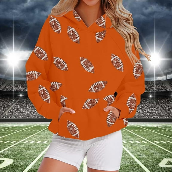Resicozy Women's Football Sequin Sweatshirt Graphic Hoodies Pullover Football Casual Long Sleeve Tops with Pockets Saffron XL