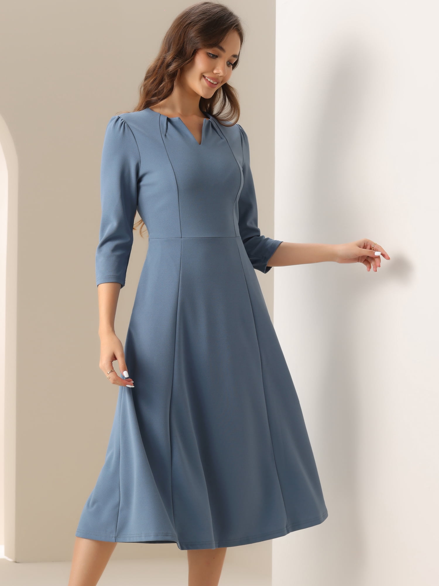 DARING DIVA Work Office Elegant 3/4 Sleeve V Neck A-Line Dress M Gray Blue