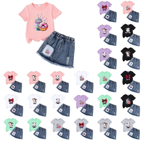 larppty Girls Clothes Toddler Little Girl 2 Piece Summer Outfit T Shirt with 3D Embroidery Denim Skirt Set, Size 2-7 Years(I, 5-6 Years)