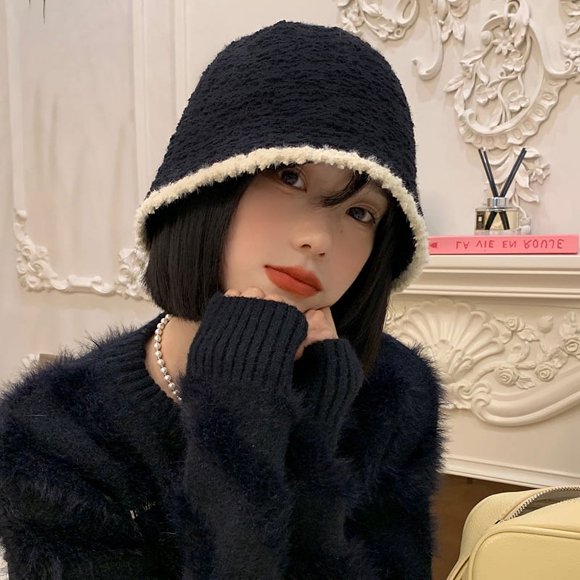 Zhengup Black Knitted Plush Fisherman Hat Female Autumn And Winter New Big Head Enclosure Barrel Hat Japanese