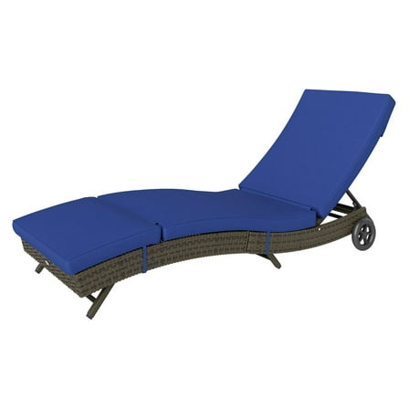 Patio Wicker Chaise Lounge Chair, Outdoor PE Rattan Sun Lounger, Adjustable Backrest, Wheels, Dark Blue