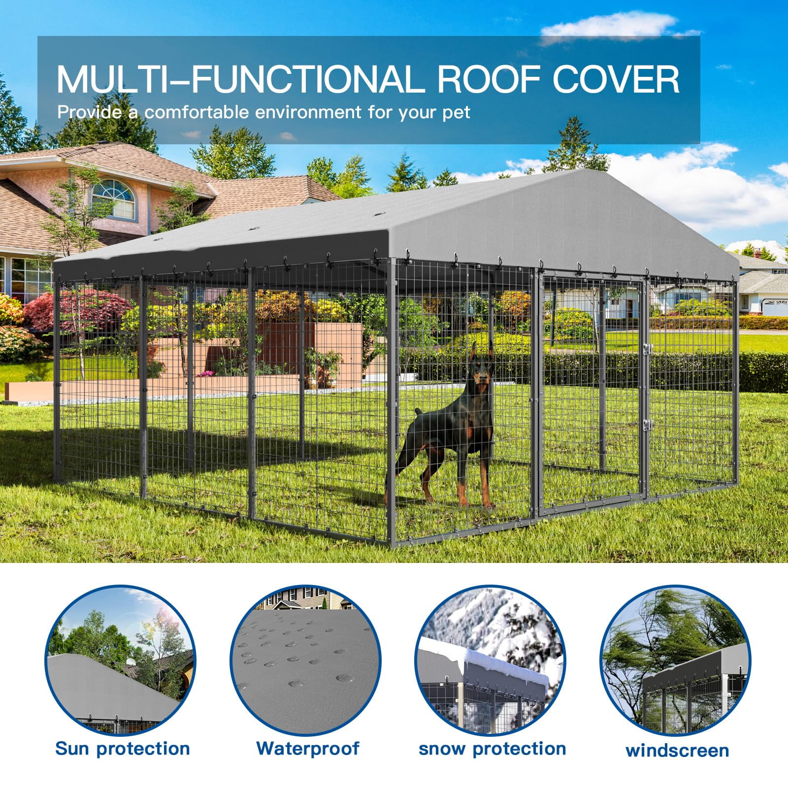 ALAULM Large Outdoor Dog Kennel: Heavy Duty, Galvanized Steel Panels with Roof, Double Safety Locks