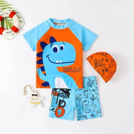 

Uccdo 3Pcs Toddler Boys Girls Rashguard Swimsuits Bathing Suit Kids Short Sleeve Cartoon Print Shirts + Trunks + Swim Hat Swimwear Set 1-7Y