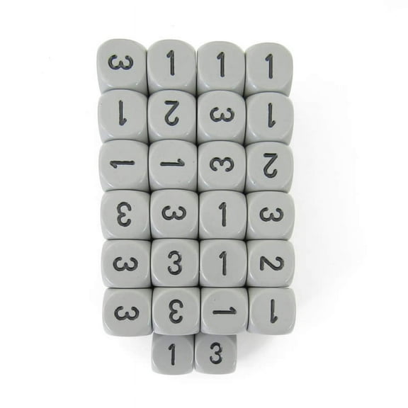 Gray Opaque Dice with Black Numbers D3 (d6 1-3 Twice) 16mm (5/8in) Pack of 50 Wondertrail