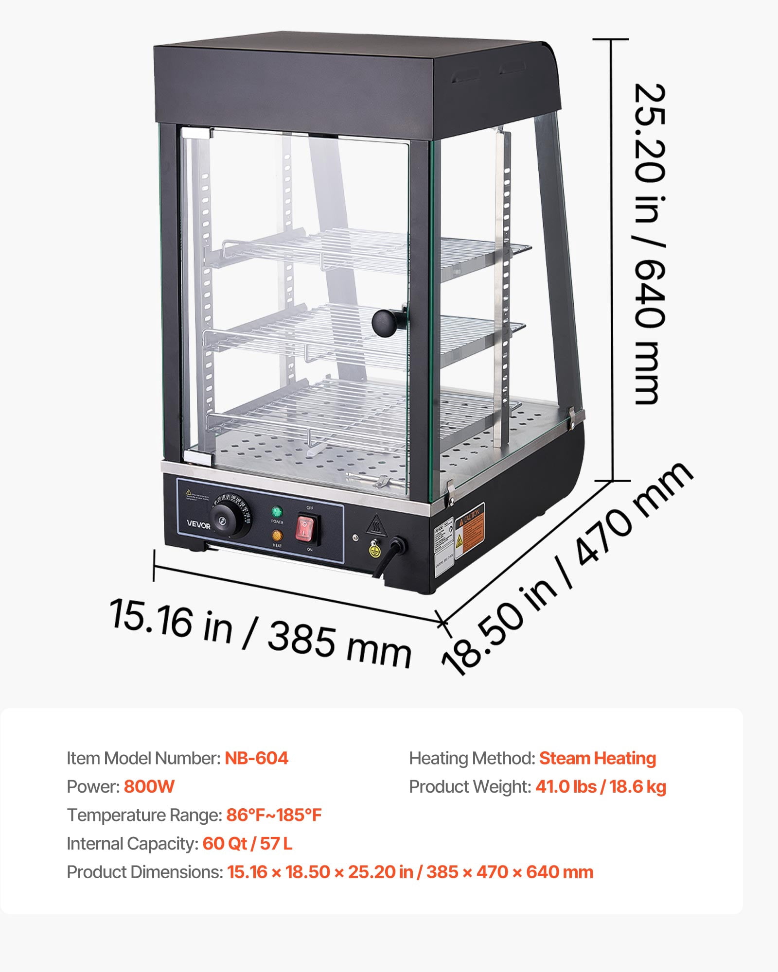 VEVOR 3-Tier Commercial Food Warmer Display, 800W Food Display Warmer with LED Light, Top Storage and Adjustable Shelves, 86℉~185℉ Steam Heating, 60 Qt /57L for Hamburger, Pizza, Bread, Fried Chicken