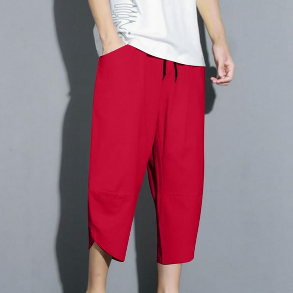 tarylea Capri Pants for Men Irregular Hem Elastic Waist Trousers Solid Color Drawstring Loose Pants with Pockets Casual Comfy Summer Pants