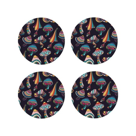 

Fuzoiu Mushroom Doodle Print Leather Coasters Set Drink Coasters Set of 4 for Tabletop Protection Durable PVC Coasters Home Décor and Housewarming Gift-Round Shape