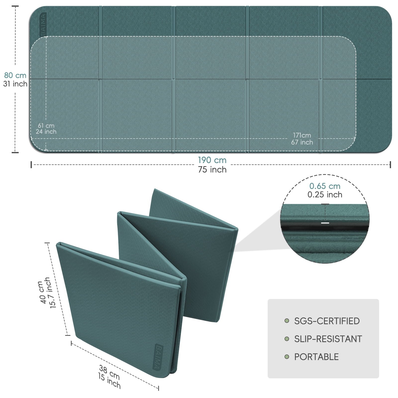 BAIMA Large Yoga Mat Thick Extra Wide and Long , Foldable Portable Travel Square Mats(Darkgreen+Gray)