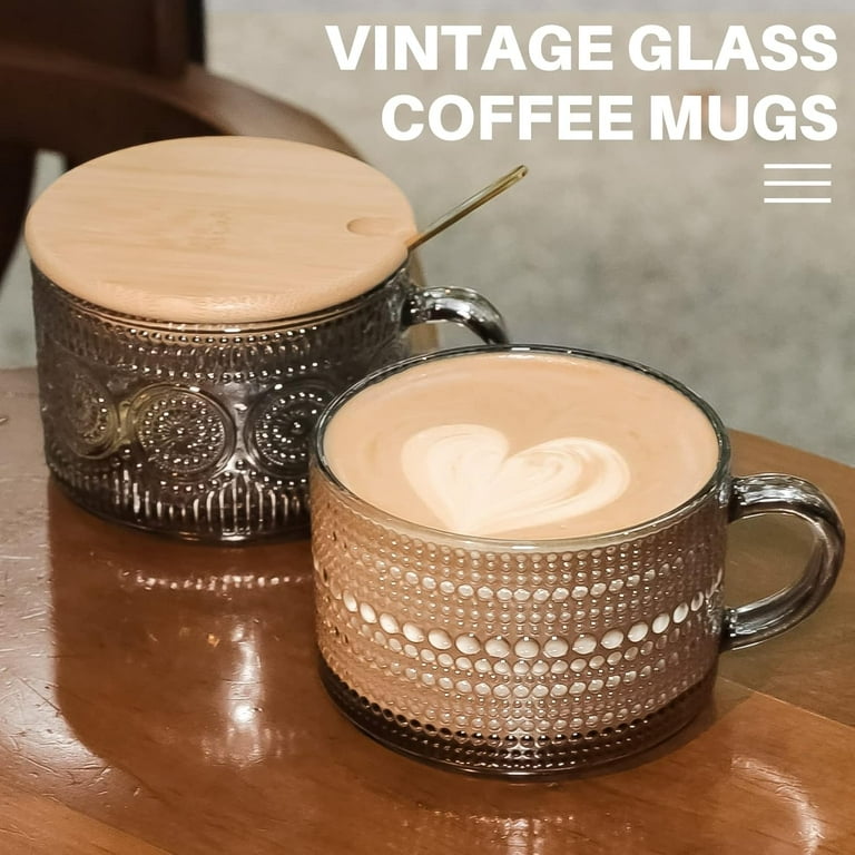 Vintage Glass Coffee Mugs, 14 Oz Set of 2 with Bamboo Lids and