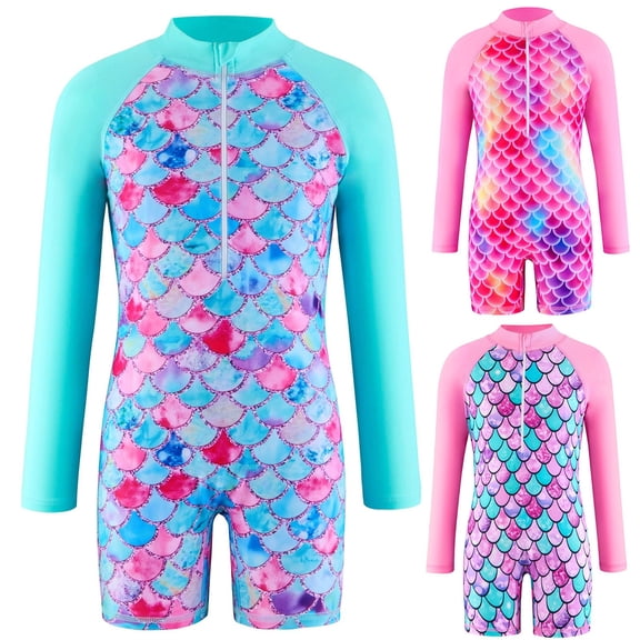 Xmyrz Girls Swimsuit One Piece Long Sleeve Zipper Front Training Rash Guard Practice Swimwear Bathing Suit