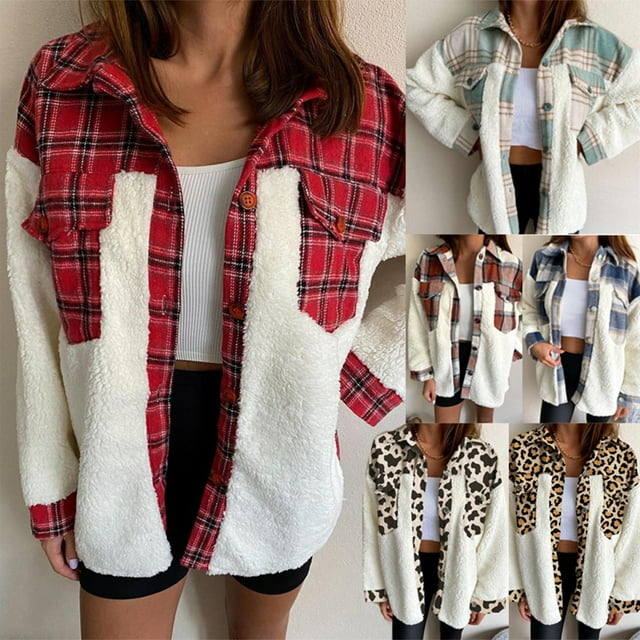 REDHOTYPE Nouveau Cardigan à Carreaux Léopard à Col Rabattu Patchwork en Peluche Couleur Contrastée Chaud à Manches Longues
