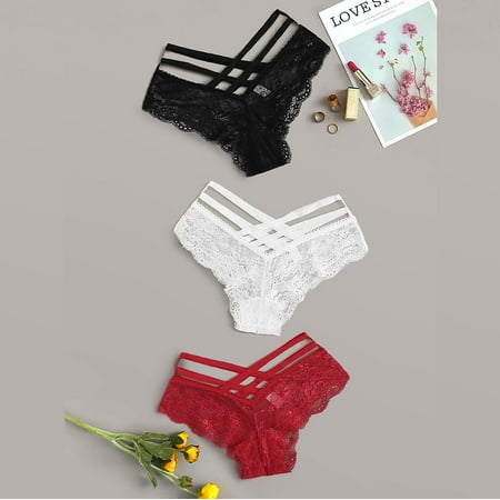 

TANGNADE 3PC Women Lace Flowers Low Waist Underwear Panties G-string Lingerie Thongs