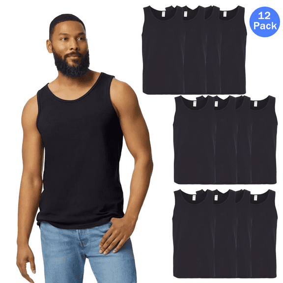 Gildan Men's Heavy Cotton Black Undershirt Tank Top, Works Sleeveless T-Shirt, Pack 12, S