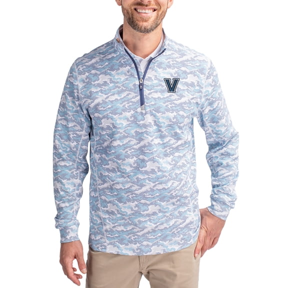 Men's-Cutter & Buck Navy Villanova Wildcats Traverse Stretch Eco Camo DryTec Tri-Blend Quarter-Zip Pullover