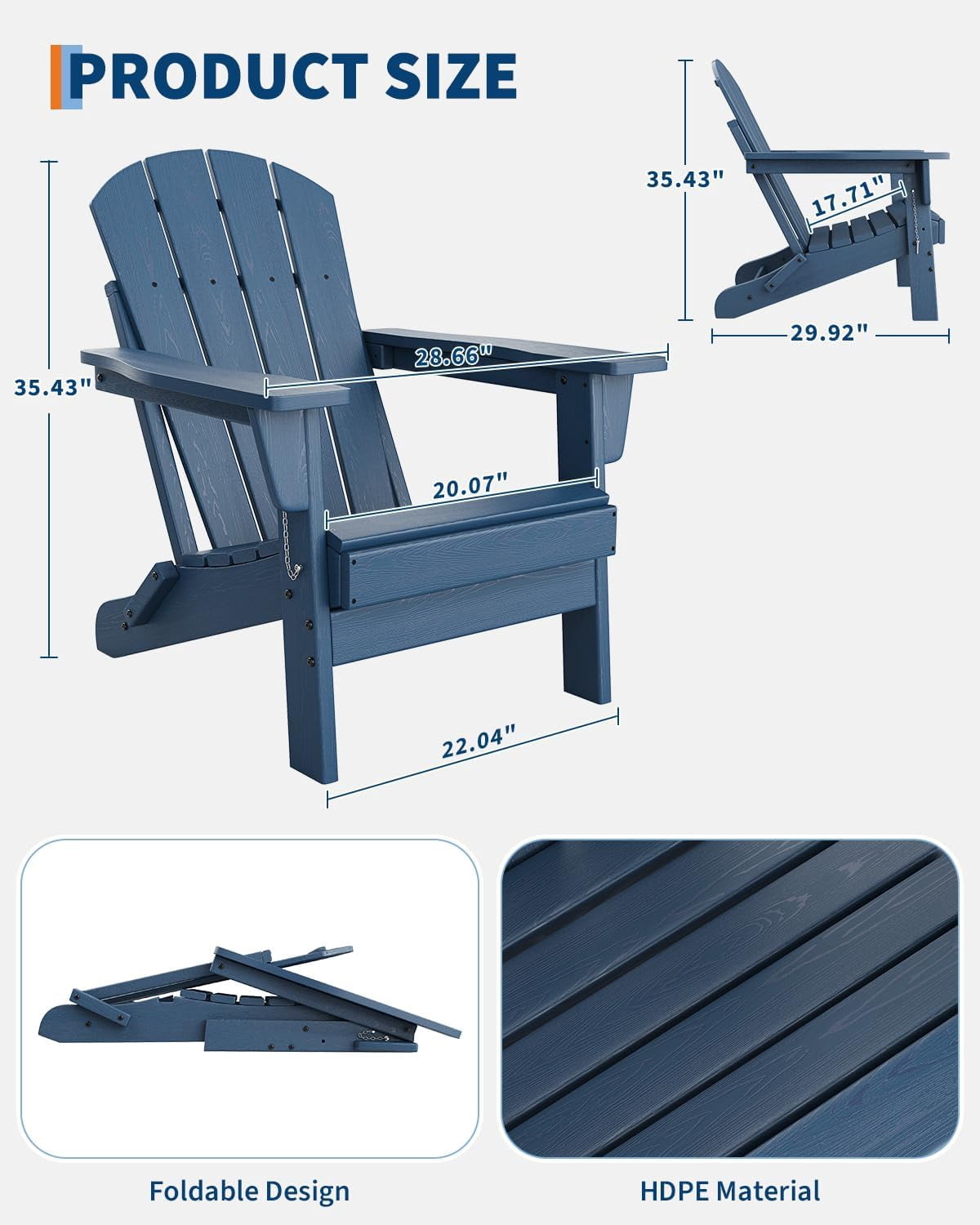 Folding Adirondack Chairs Set of 2, HDPE Plastic Outdoor Chairs with Wood Texture 380 LBS & Weather Resistant for Fire Pit, Deck, Patio, Pool, Backyard Navy Blue