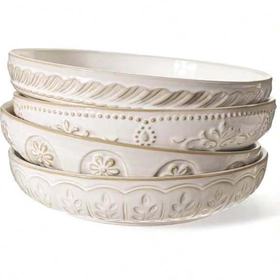 Pasta Bowls 50oz Large Salad Serving Bowls 9.75'' Plates Bowls Set of 4 Big White Ceramic Soup Bowls for Kitchen Emment Shallow Dinner Bowl Microwave Dishwasher Safe Multiple Patterns