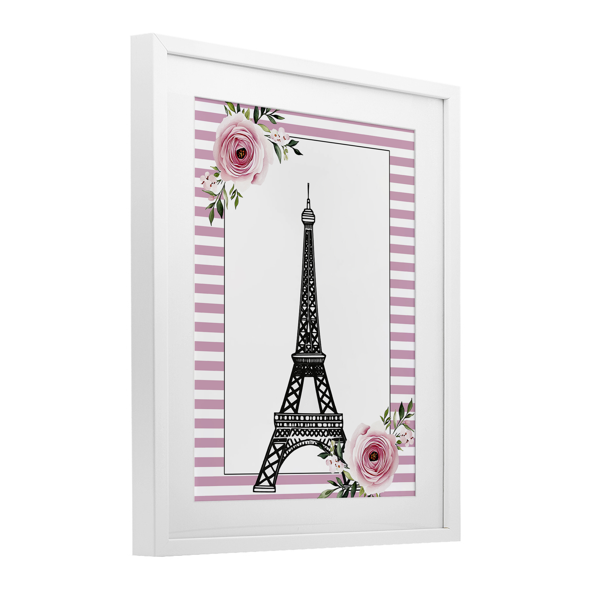 Parisian Tower & Roses White Framed Print Under Glass, design by Christine Simpson Art