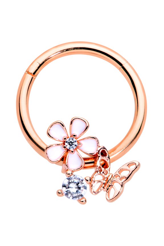 16G PVD Steel Hinged Segment Ring Seamless Cartilage Nipple Rosy Butterfly Flower Nose Hoop 3/8"