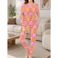 thumbnail image 4 of Women's Milk Silk Sleepwear Long Sleeve Pajama Set Pink Orange Plaid 2 Piece Loungewear, 4 of 7