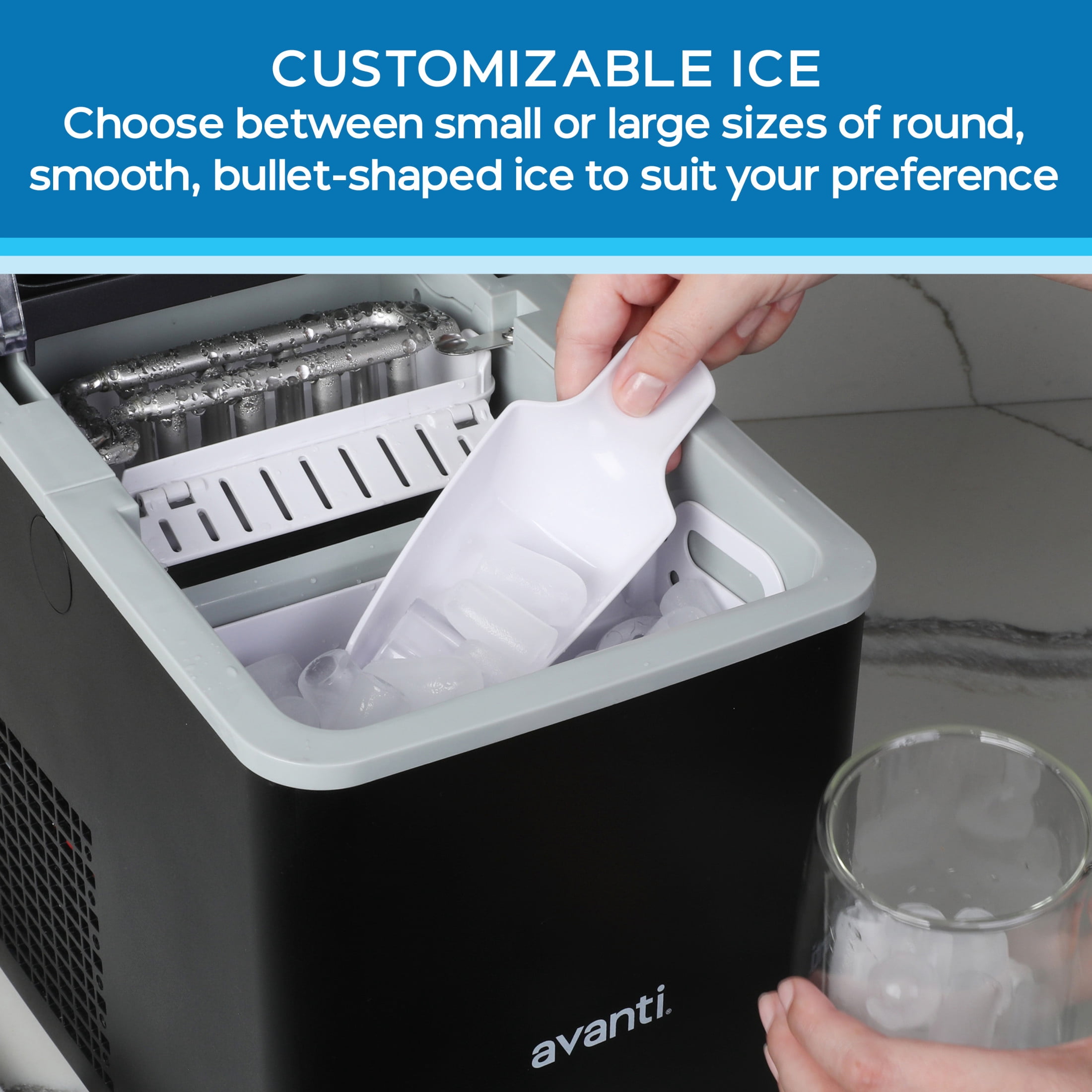 Avanti Mighty Ice 26lb. Countertop Bullet Ice Maker, Fast 6-Minute Ice Cycle, Self-Cleaning, Two Ice Sizes, Ultra Quiet, in Black (AVIM2625BK)