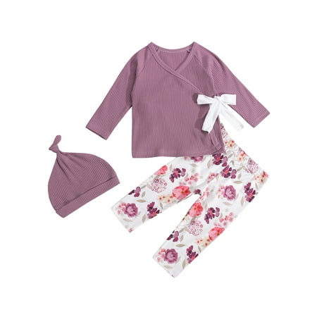 

IZhansean Infant Newborn Baby Girl Clothes Long Sleeve Ribbed Shirt Top and Floral Pants Outfit with Hat Purple 12-18 Months
