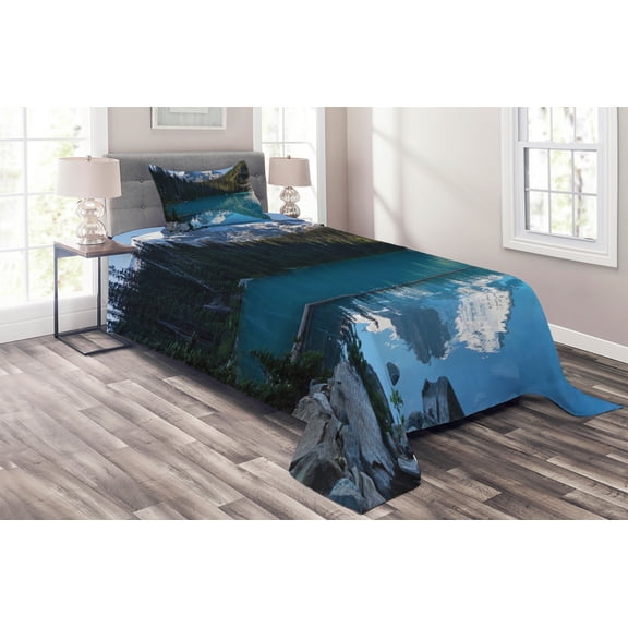 Ambesonne Winter Quilted Coverlet 2 Pcs, Snowy Frozen Mountain, Twin Size, Blue White Green