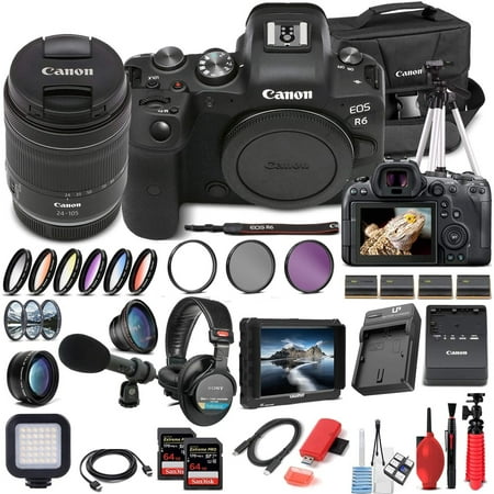 Image of Canon EOS R6 Mirrorless Digital Camera with 24-105mm f/4-7.1 Lens & Monitor | Headphones | Mic | 2 x 64GB Memory Card | Case| Tripod | More