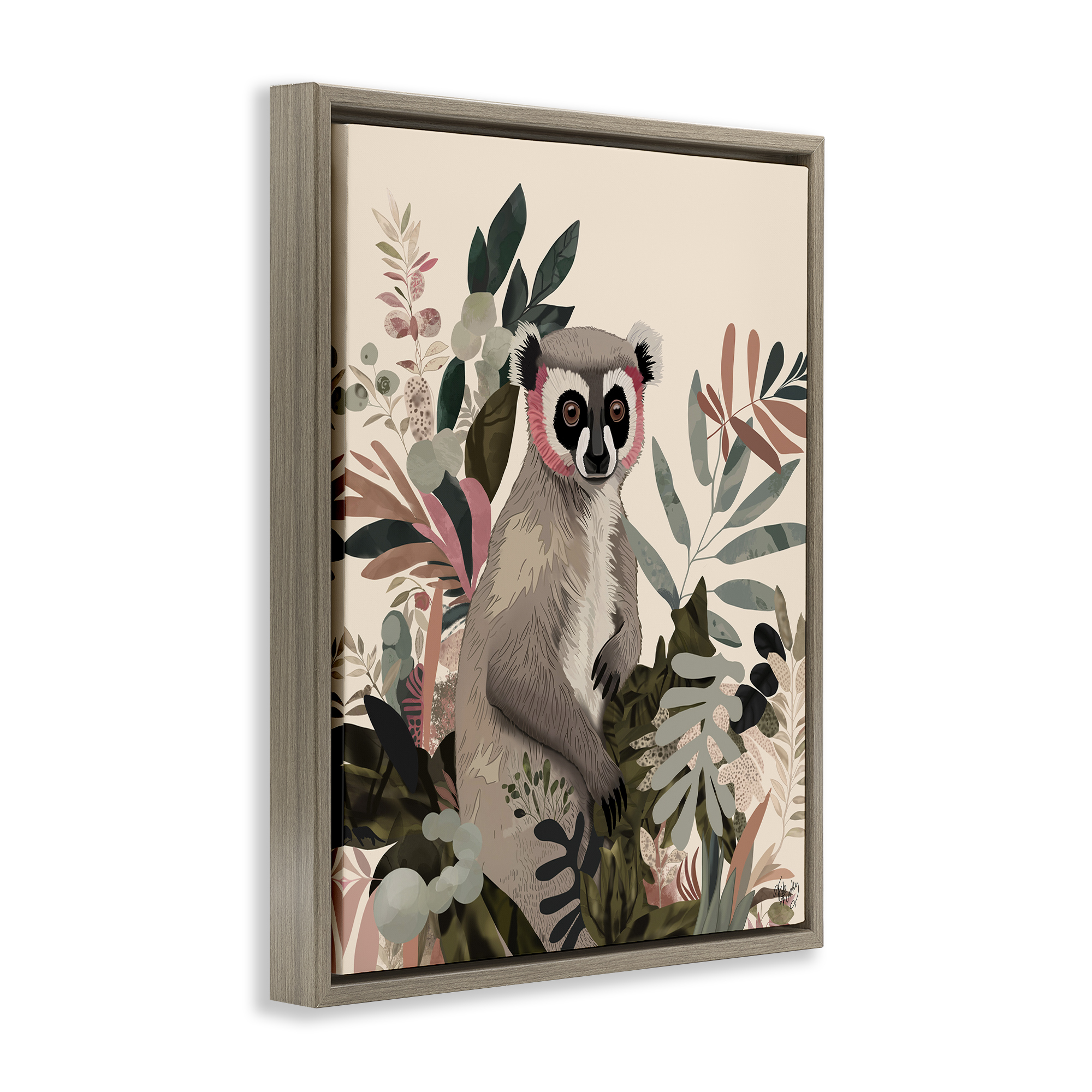 Stupell Industries Lemur in Tropical Tree Animals & Insects Painting Brown Floater Framed Canvas Art Print Wall Art, 25 x 31