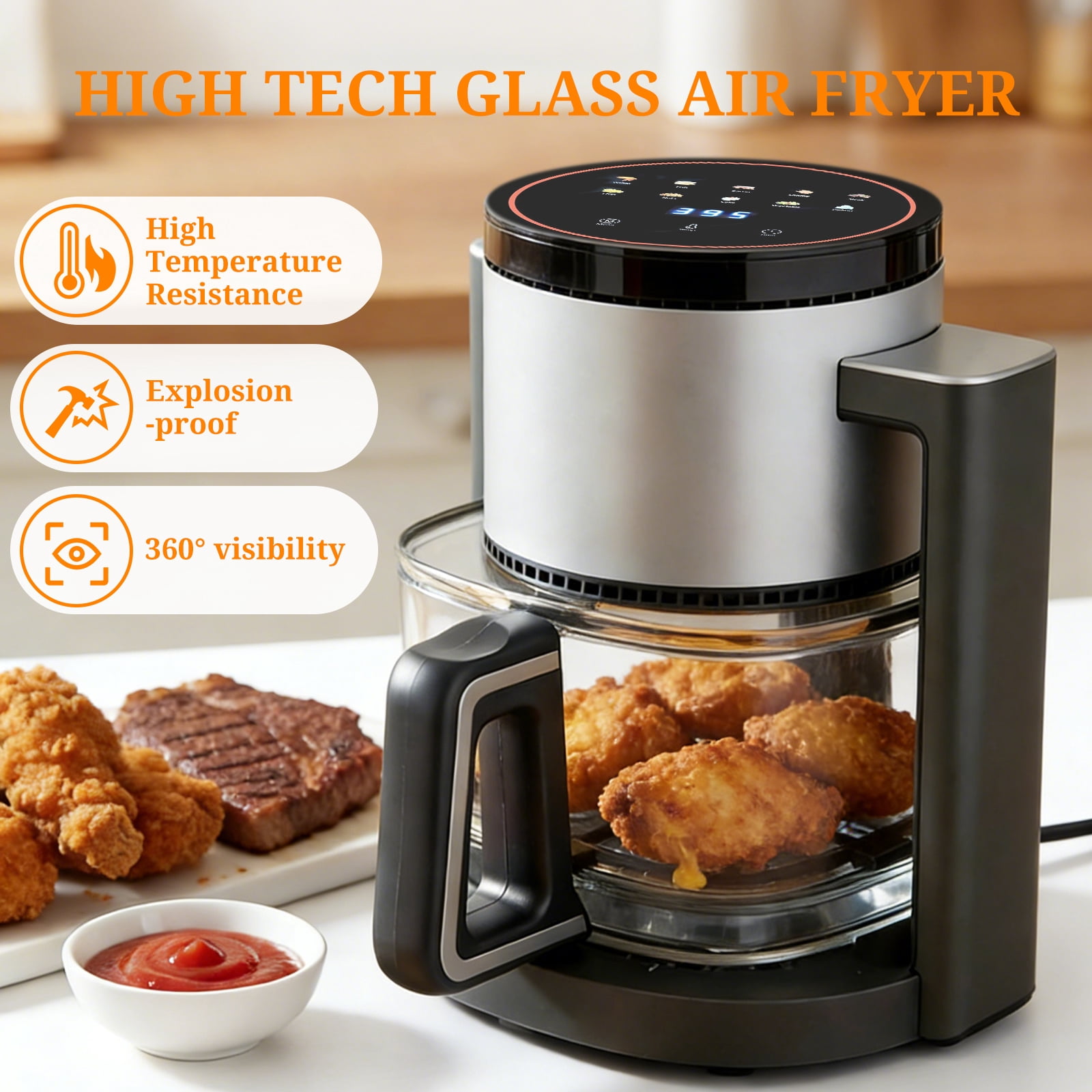 Atilioo 4.7 Qt Glass Air Fryer with 10 Presets Digital Touch, Compact Design, Quick & Easy Meals in Minutes, Gray