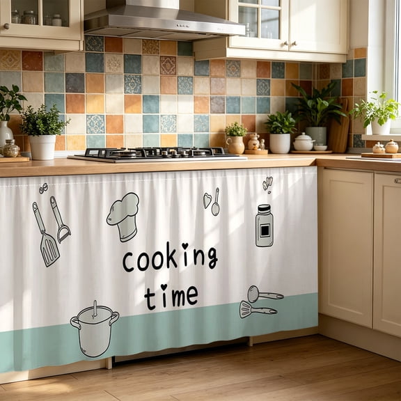 Cabinet Curtain,Adhesive Dust Proof Window Cover,Printed Kitchen Fabric for Pantry Blocking Light and Household Dust Prevention