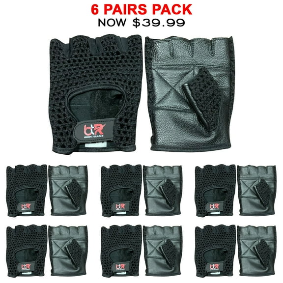 6 Pairs Pack Chauffeur Driving Gloves Mesh Net Fingerless Cowhide Leather Palm Cotton Crochet Back Cycling, Wheelchair Gloves Black-S