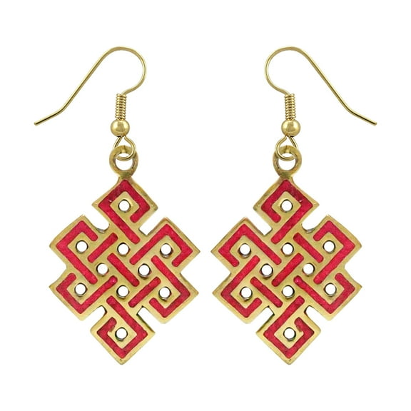 Tibetan Silver Handmade Infinity Knot Drop Earrings for Women, Red Coral Inlay, 925 Silver Plated Boho Ethnic Party Jewelry