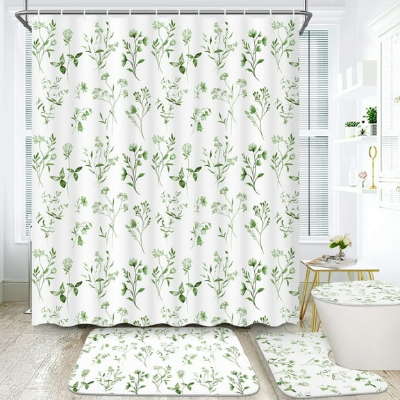 FRAMICS 16-Piece Watercolor Floral Shower Curtain Sets with Rugs, Sage Green Botanical Bathroom Sets, Waterproof Fabric Bathroom Curtain Decor with Hooks