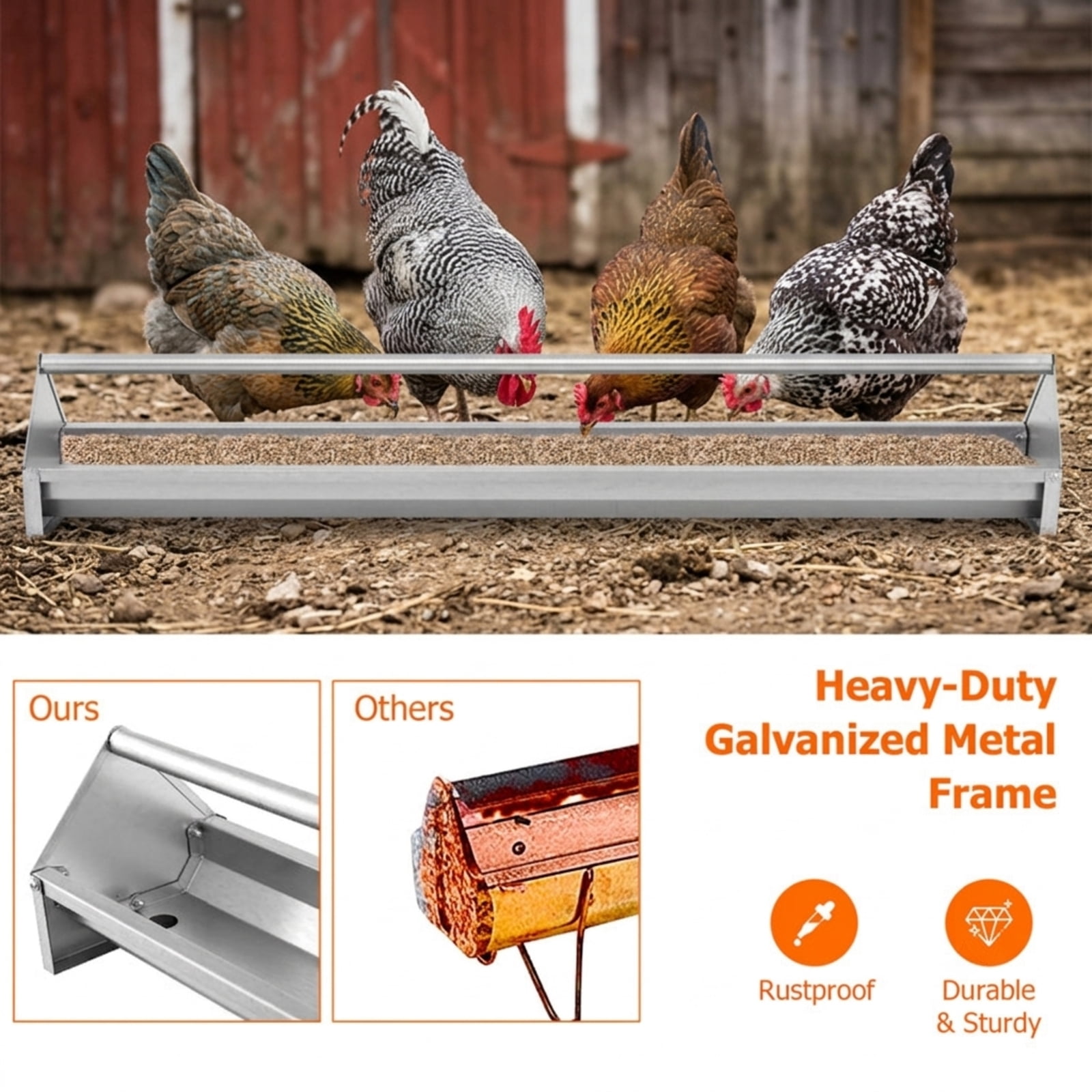 Vebreda Metal Chicken Feeder, 4 Gallon Galvanized Steel Feeding Trough with Drainage Holes & Stoppers, Elevated No-Waste Poultry Feeder for 12 Chickens, Rustproof with Handle, Silver