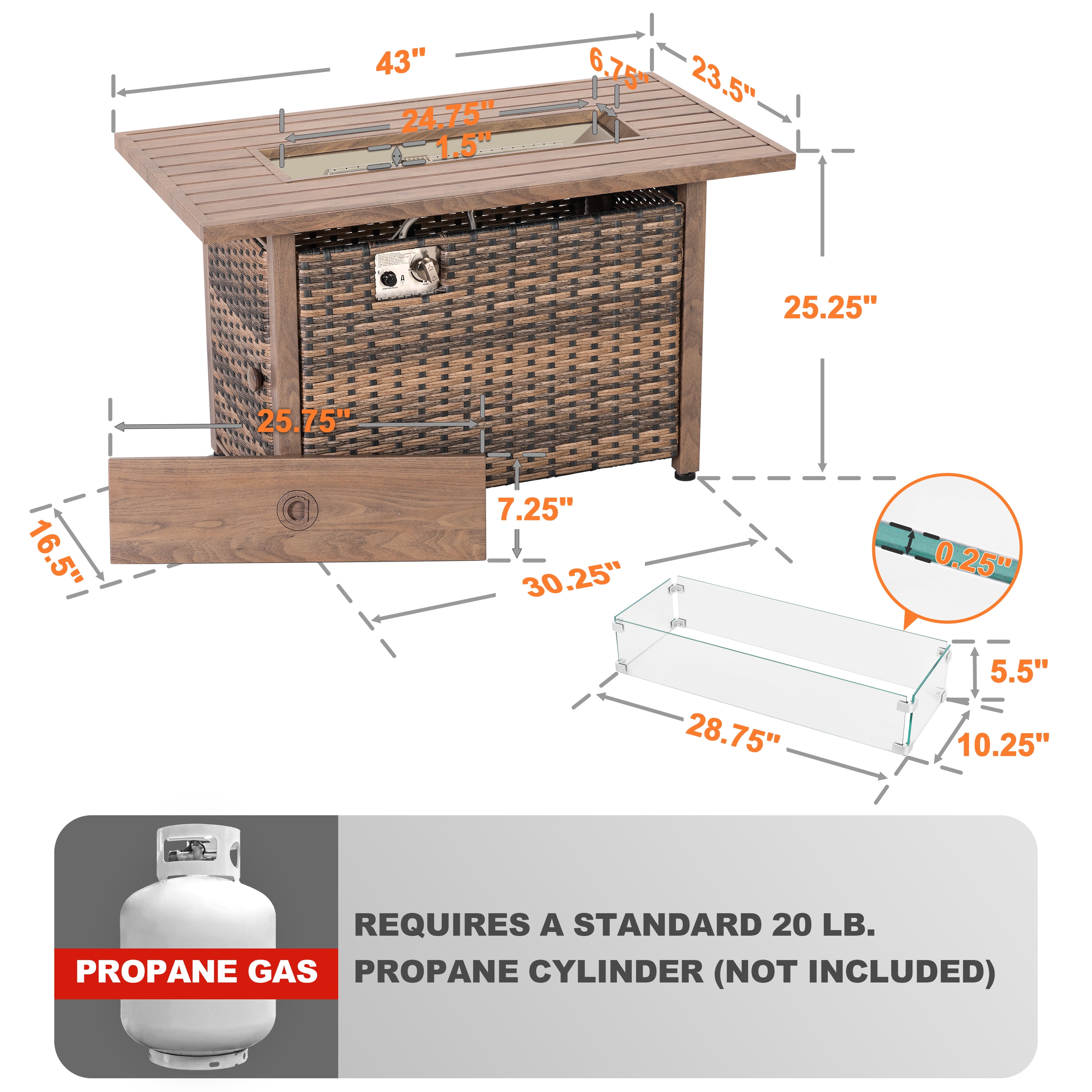 Nuu Garden 43'' Propane Gas Fire Pit with Glass Wind Guard, Rattan Outdoor Fire Pit Table 50,000 BTU Smokeless with Lid and Glass Beads, All-Metal Frame Patio Fire Pit Table , Brown