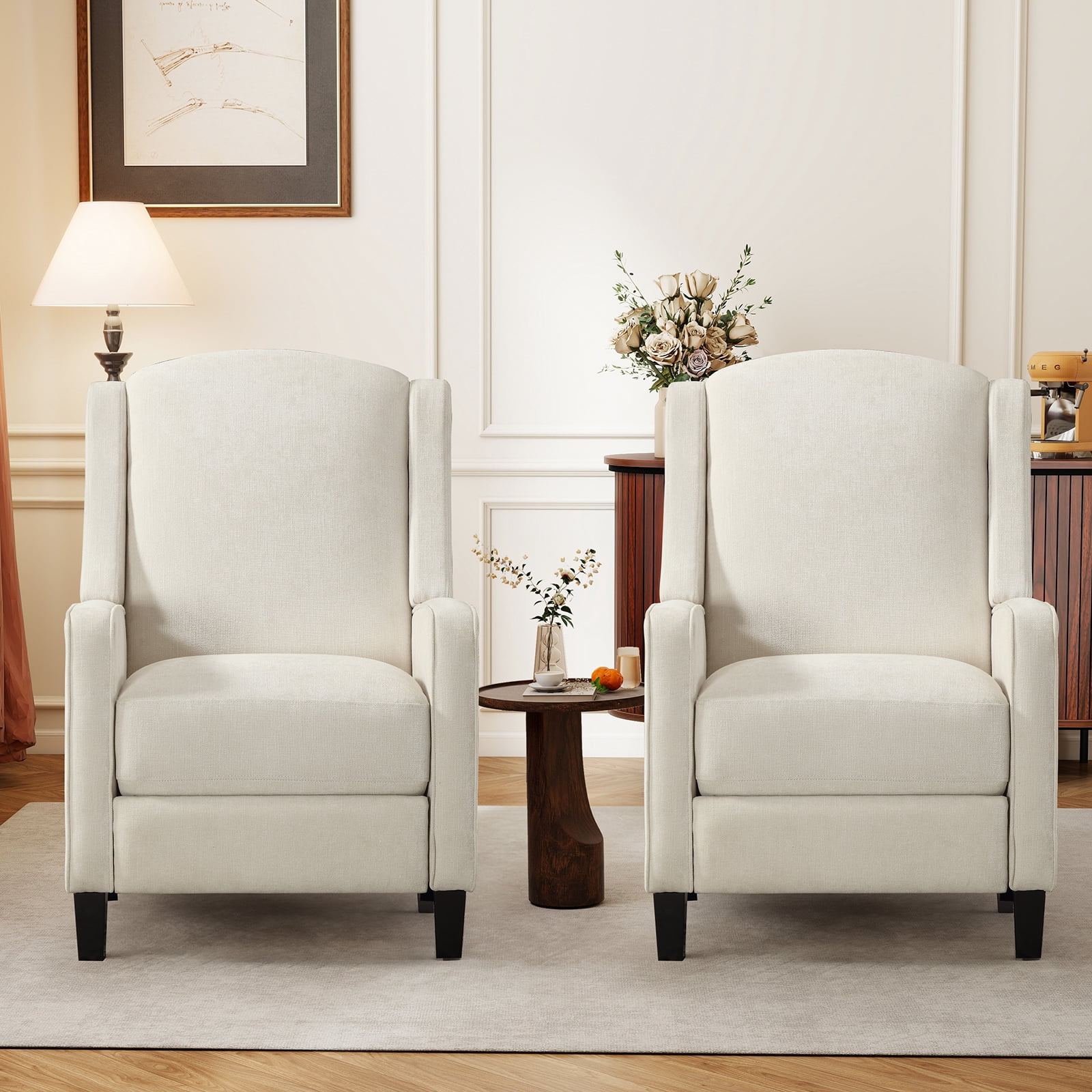 Bonzy Home 2-Pack Manual Push Back Recliner Chairs, Fabric Wingback Reclining Chairs with Padded Seat, Modern Recliners for Living Room Bedroom, White