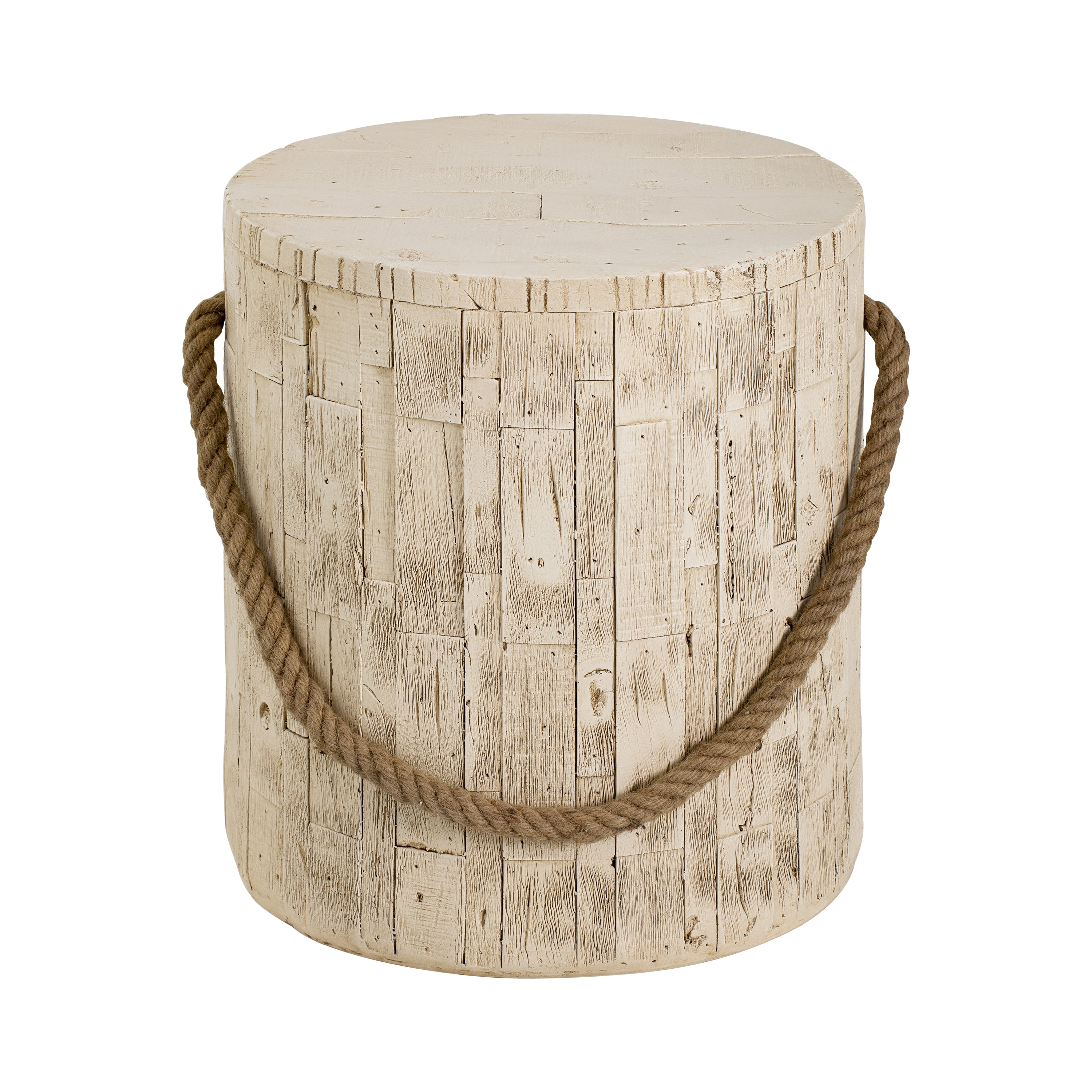 Outdoor Rustic Side Table with Realistic Wood Grain & Decorative Simulated Braided Cord, Indoor End Table for Living Room Home Office Patio Balcony Decor