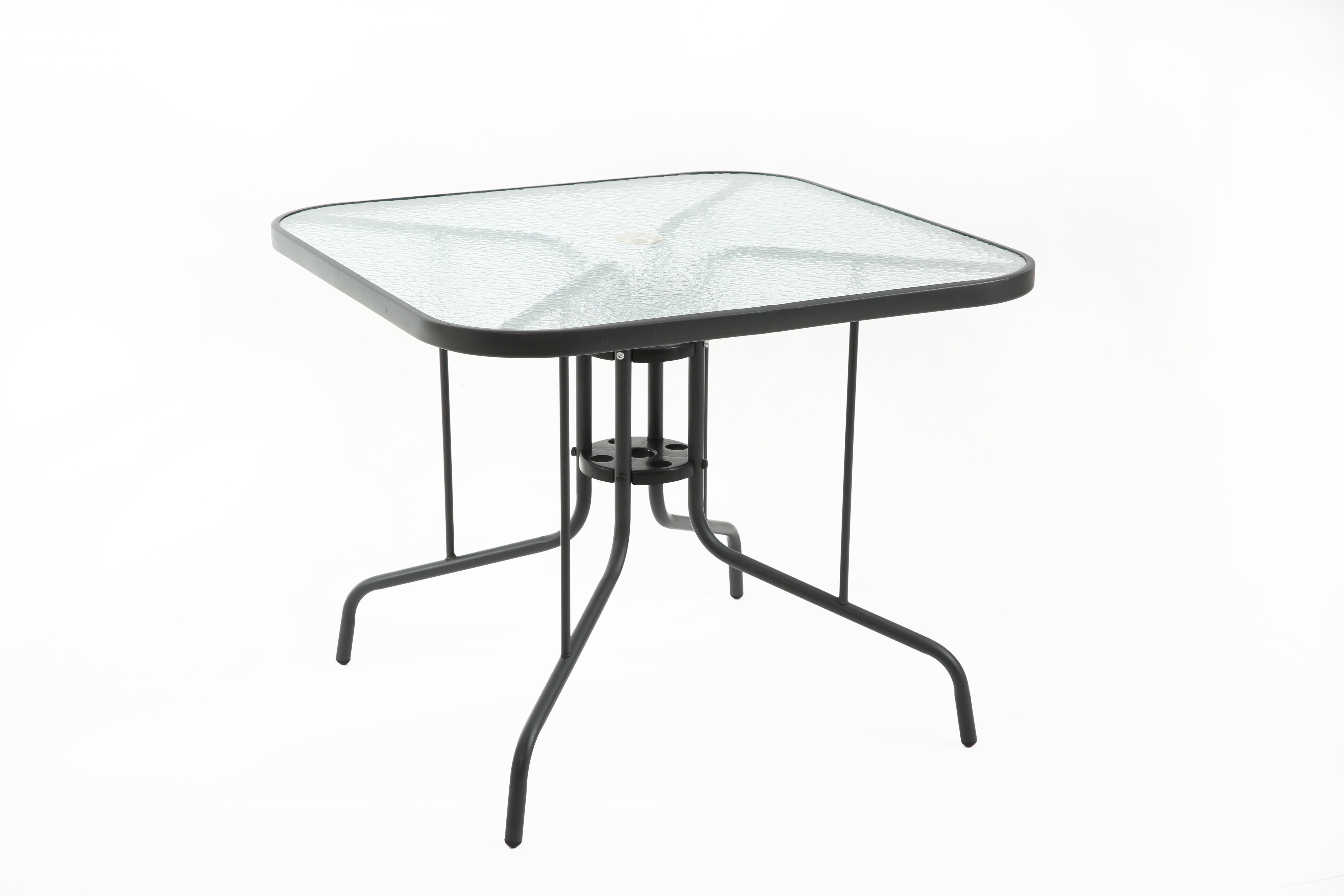 Square Patio Dining Table 35-Inch with Tempered Glass Top and Umbrella Hole, Outdoor Bistro Table for Backyard and Deck, Dark Grey