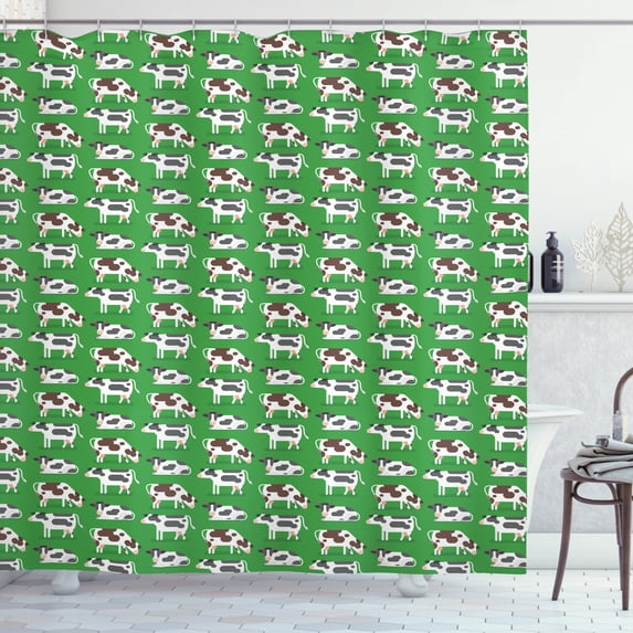 Cattle Shower Curtain, Pattern with Graphic Image of Multiple Cows Sitting Resting Walking and Grazing, Fabric Bathroom Set with Hooks, 69W X 84L Inches Extra Long, Multicolor, by Ambesonne