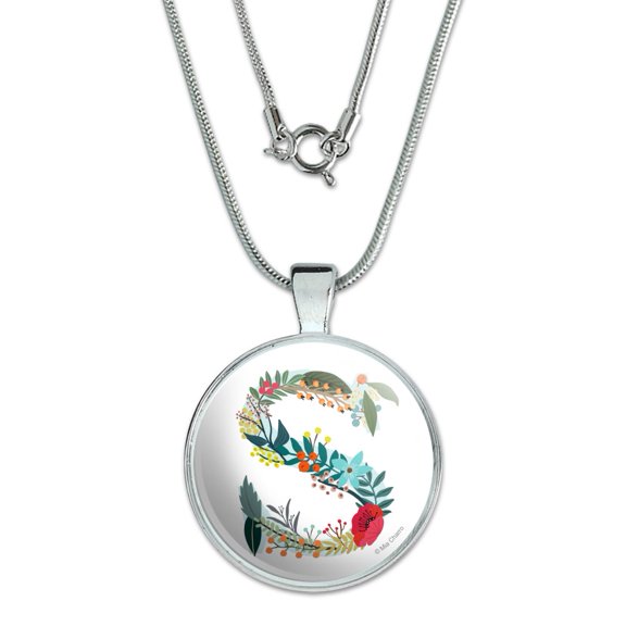 Letter S Floral Monogram Initial 1" Pendant with Sterling Silver Plated Chain