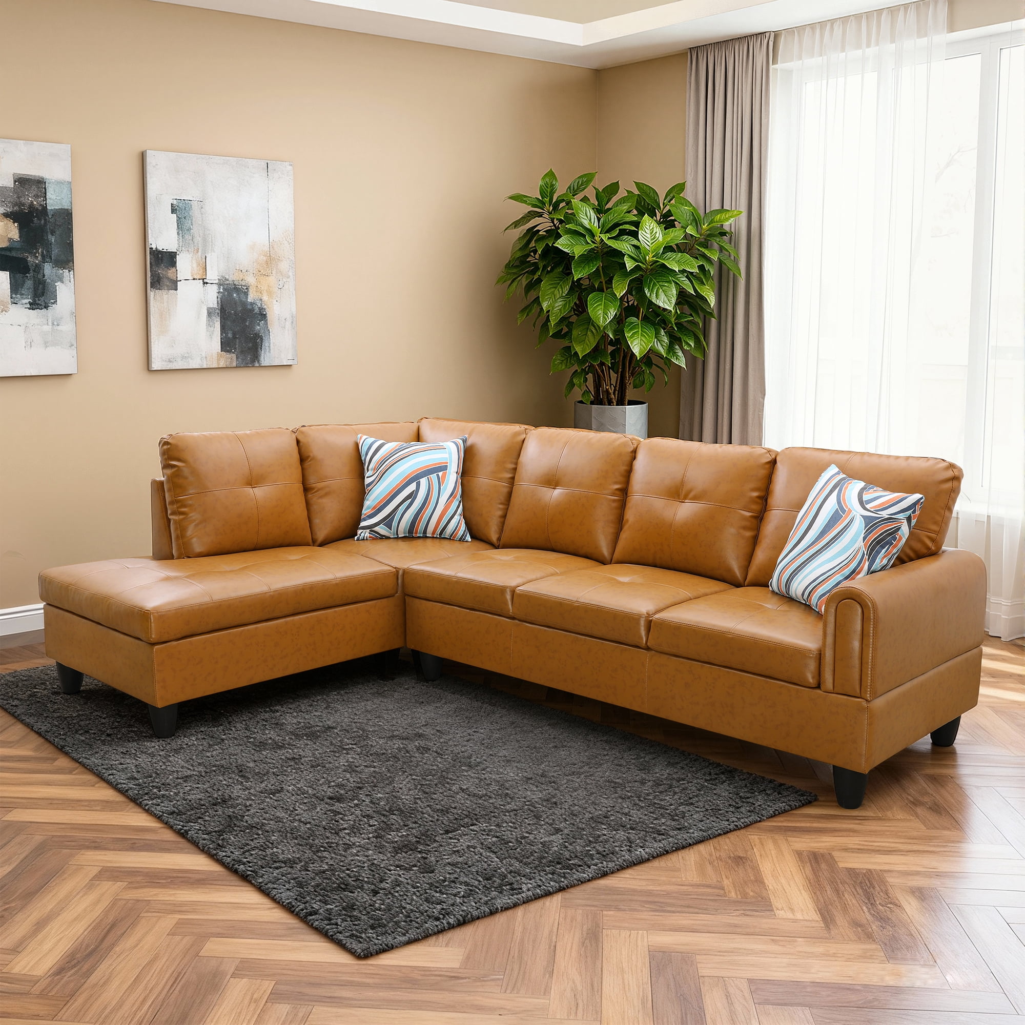 MAYEERTY 97" Faux Leather Sectional Sofa, 2-Piece Couch Living Room Sofa Set without Ottoman, Ginger (Left)
