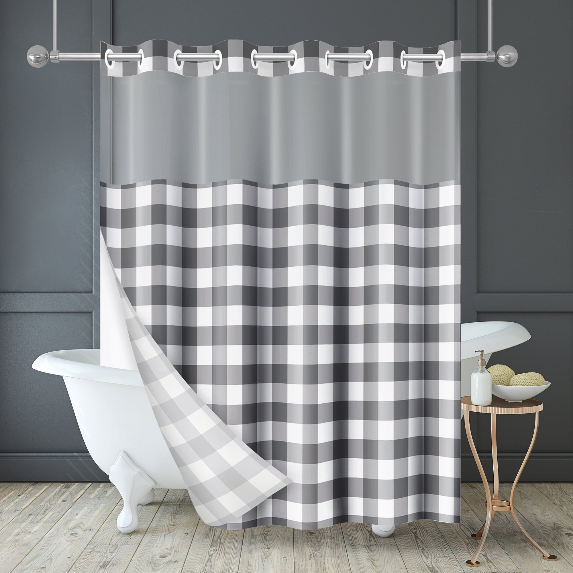 Americanflat 72x75 Hookless Shower Curtain - Gray Plaid Shower Curtain with Sheer Panel, Snap-In Liner, and Grommets - 100% Polyester