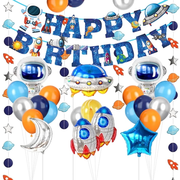 Space Astronaut Birthday Party Decorations Kit 37" Astronaut 30" Rocket 23" UFO Foil Balloons Happy Birthday Banner 12" Latex Balloons Space Garland for Kids Boys Outer Space Themed Party Supplies