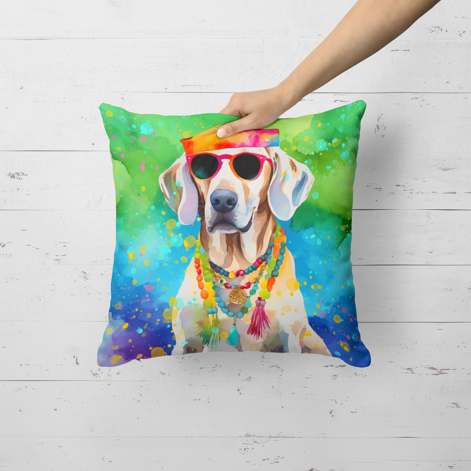 Weimaraner Hippie Dawg Fabric Decorative Pillow 18 in x 18 in