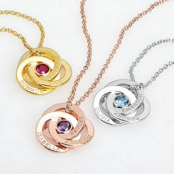 Personalized Planet Women's Engraved Interlocking Circles with Center Birthstone Necklace
