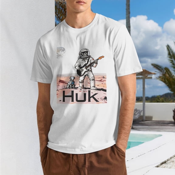 Men Retro Space Skeleton Astronaut Guitar Graphic T-Shirt, Mars Rover Dog HUK Print Crew Neck Poly Cotton Casual Short Sleeve Tee